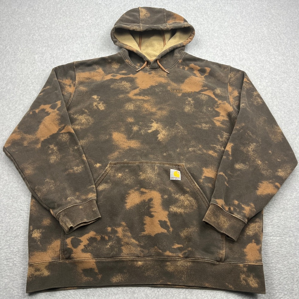 Carhartt Hoodie Mens XL Brown Watercolor Dye Camo Loose Fit Midweight Sweatshirt
